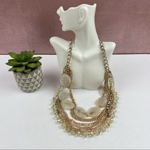 Gold White Gemstone Strands Chunky Statement Necklace Women Jewelry Boho